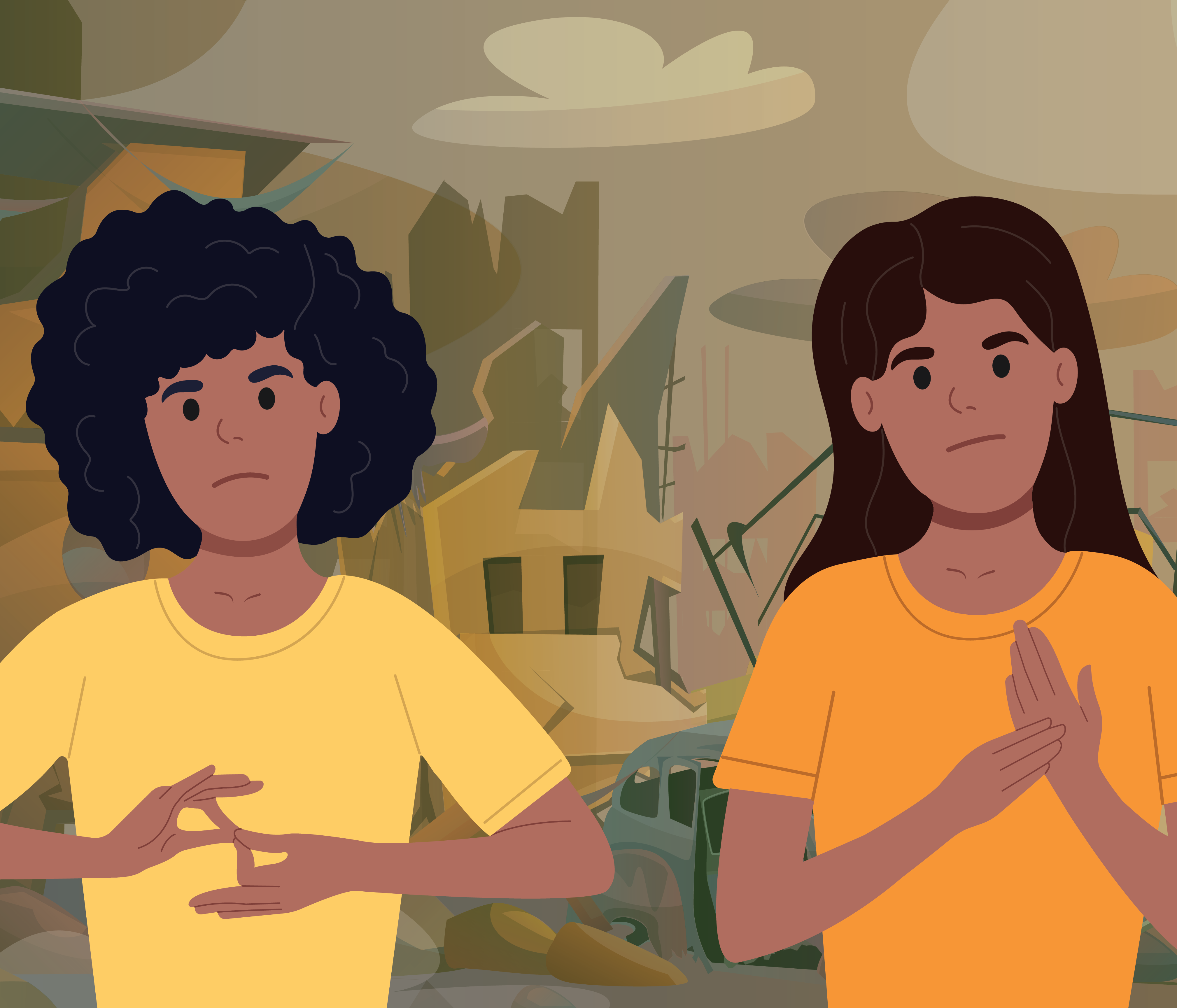 Two children using sign language in front of a war-torn city