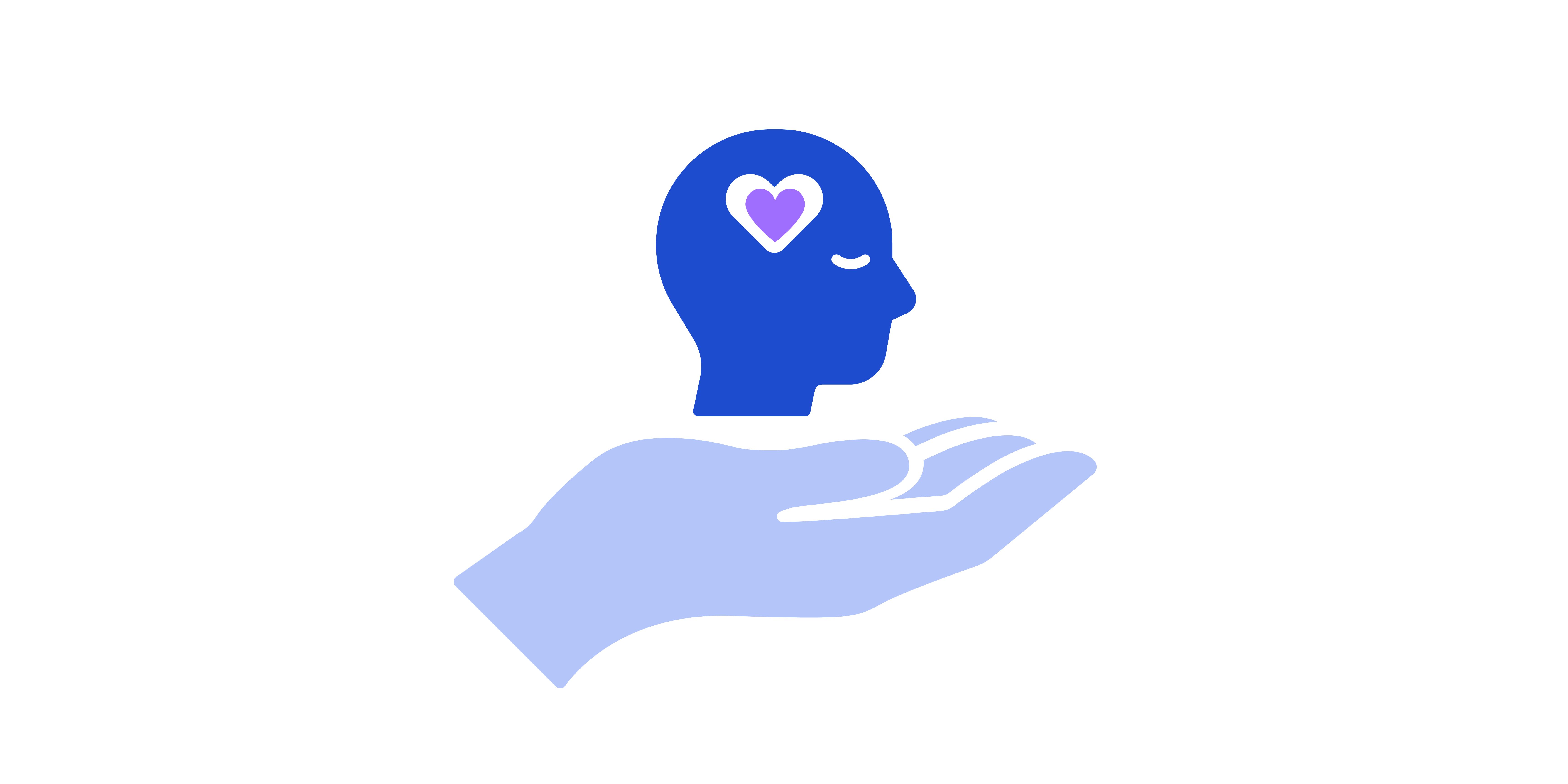 Open hand holding a head with a heart in its head, where the brain is