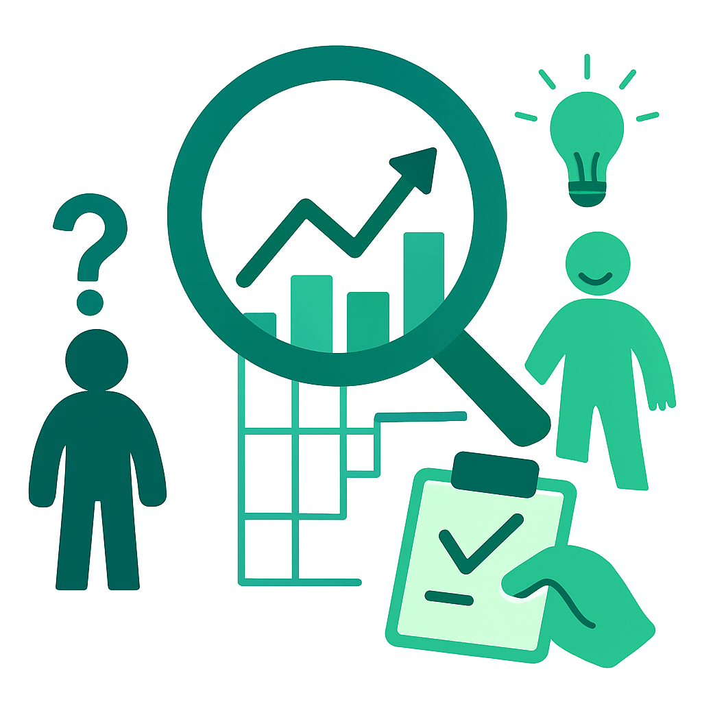 Personas with magnifying glass and data charts